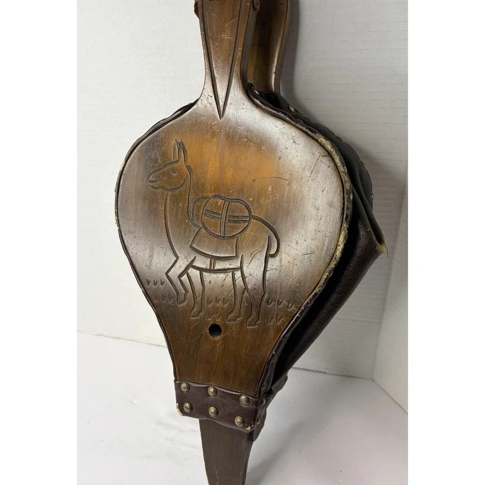 Vintage Hand Carved Wood Fireplace Bellows Andean Llama Folk Art Leather Brass